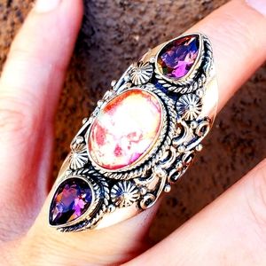 New Triplet Opal & Amethyst 925 Silver Statement Ring.
